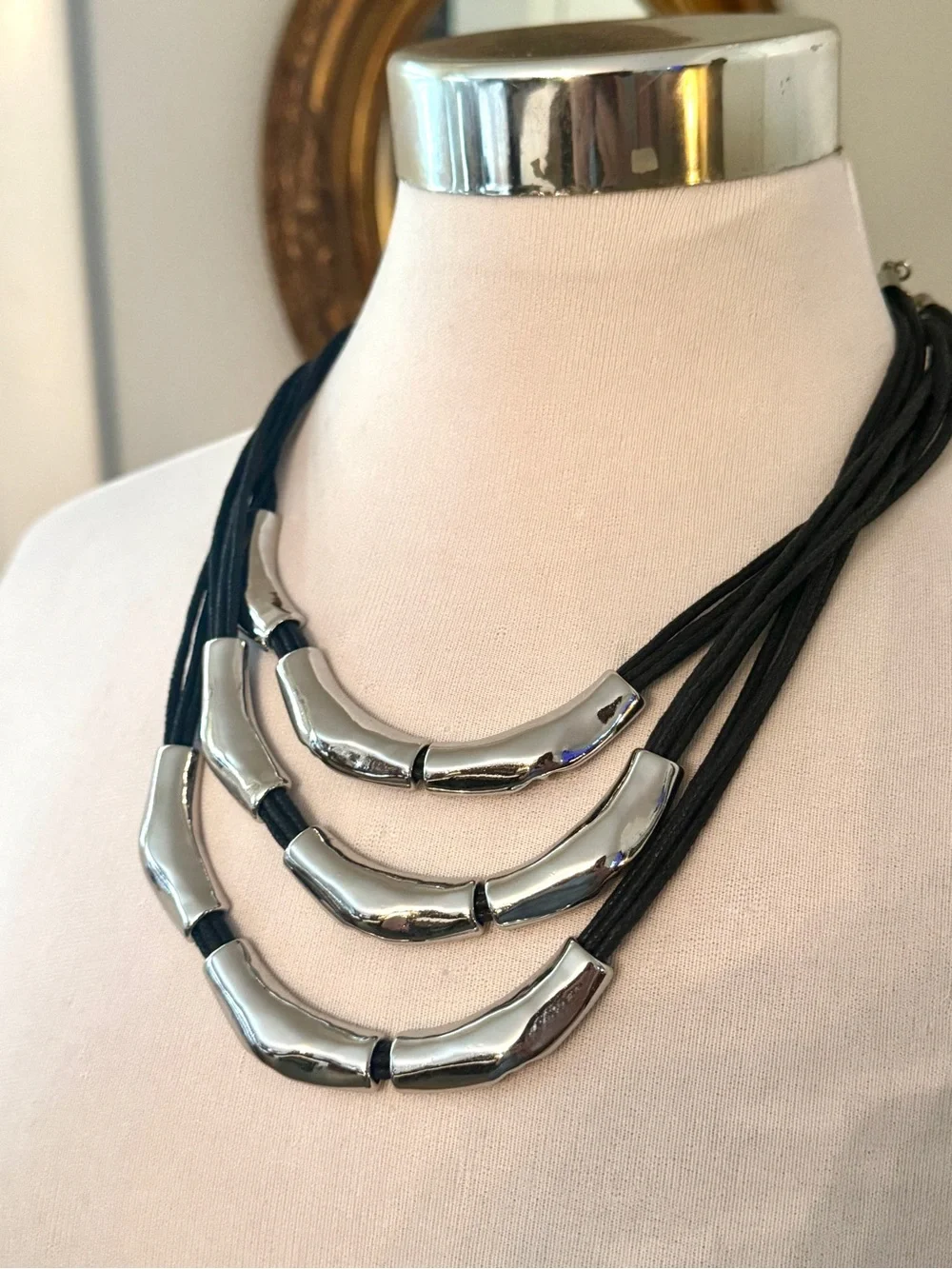 Chico’s Silver Tone Triple Strand Black Cord Statement Necklace 22” Modernist